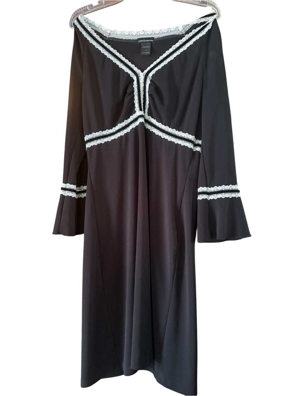 Y2K Moda International Black Lace Trim Bell Sleeve Dress Size Small Goth Boho